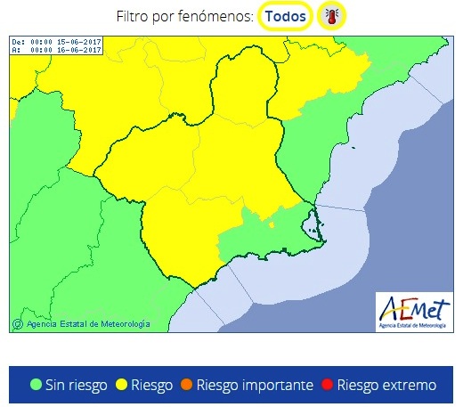 Mapa de la alerta amarilla para este jueves por altas temperaturas.