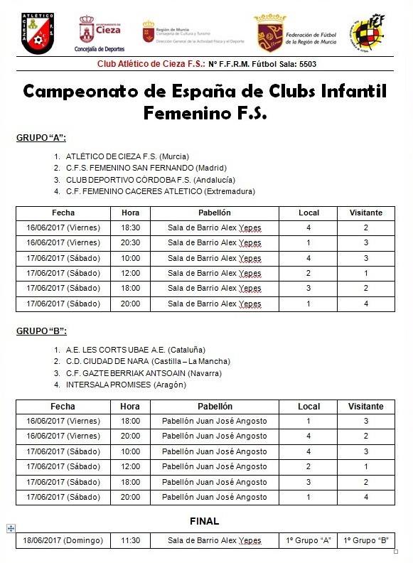 Imagen del Calendario con los Horarios del Campeonato Nacional Infantil Femenino Fútbol Sala en Cieza.