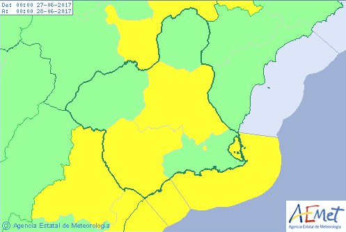 Mapa de la alerta amarilla para este martes en cieza por altas temperaturas.