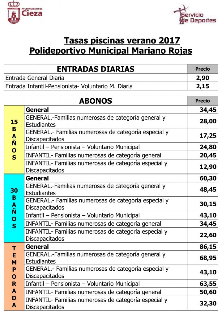 Cartel de las tasas para las piscinas municipales. verano 2017 en Cieza.