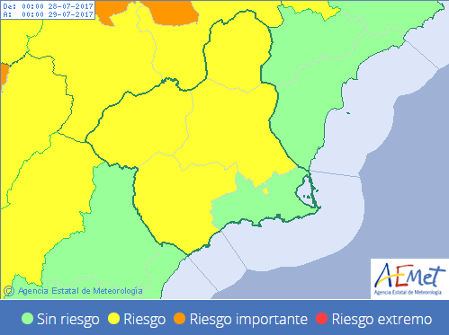 Imagen del mapa de las alertas por las temperaturas en Murcia