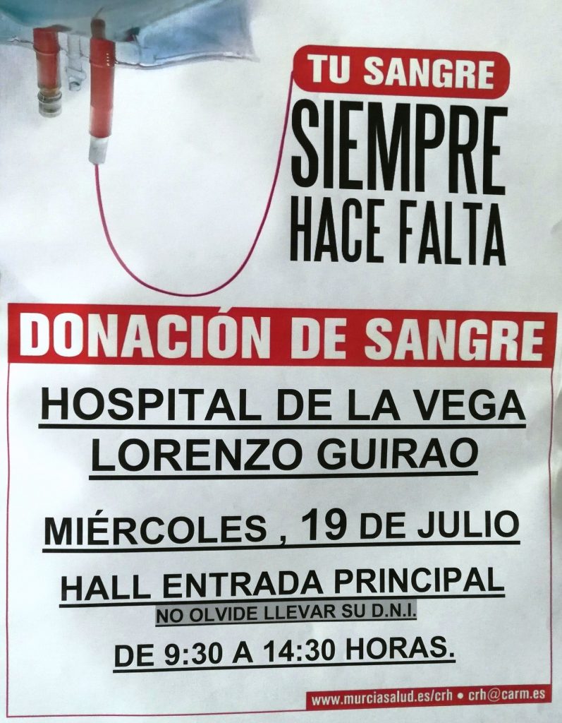 Cartel de la jornada de donación extraordinaria de sangre en el Hospital Lorenzo Guirao de Cieza.