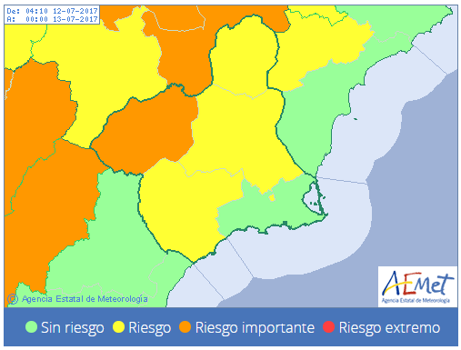 Imagen del mapa de las alertas por las temperaturas en Murcia