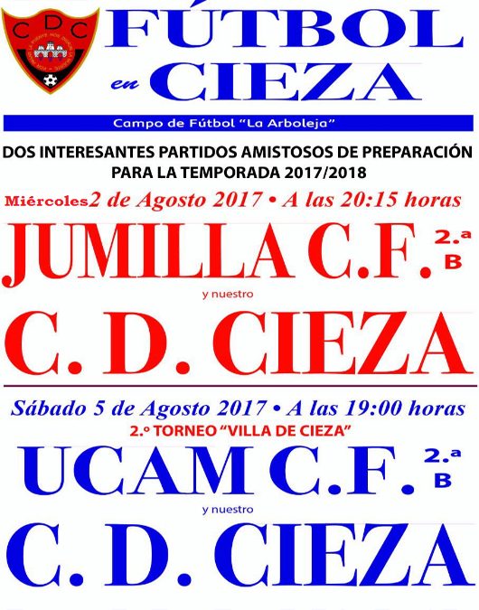 Cartel con la información de los dos partidos de Fútbol en Cieza de pretemporada.
