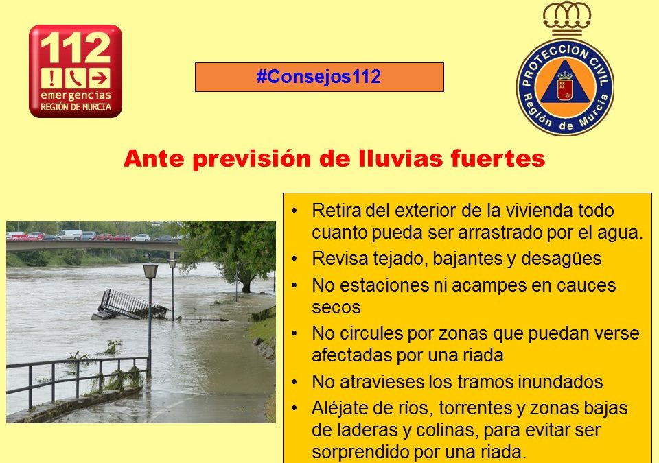 Imagen de consejos y de Aviso del 112 Murcia por Lluvias fuertes.