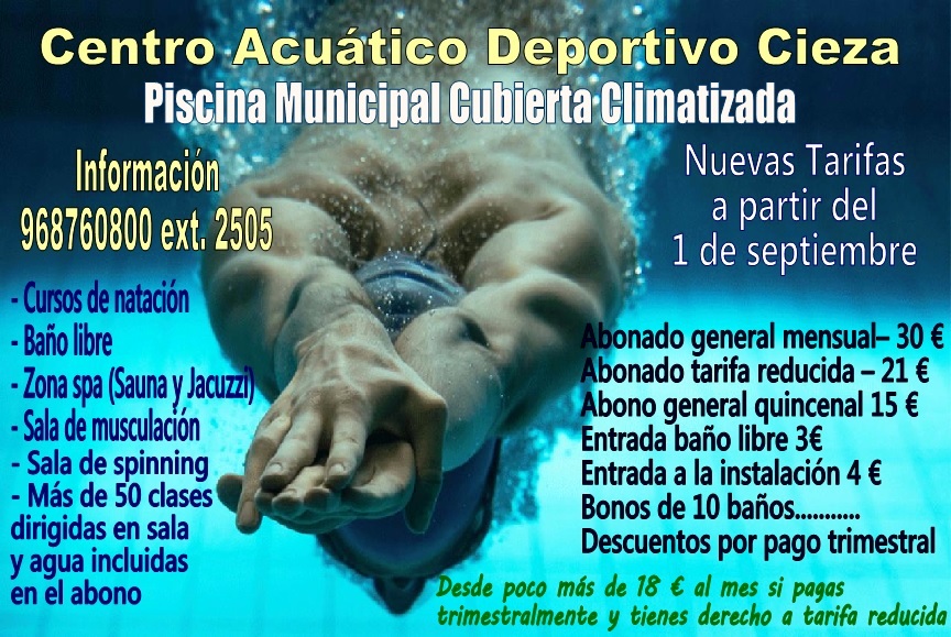 Cartel de las nuevas actividades del Centro deportivo y acuático en cieza