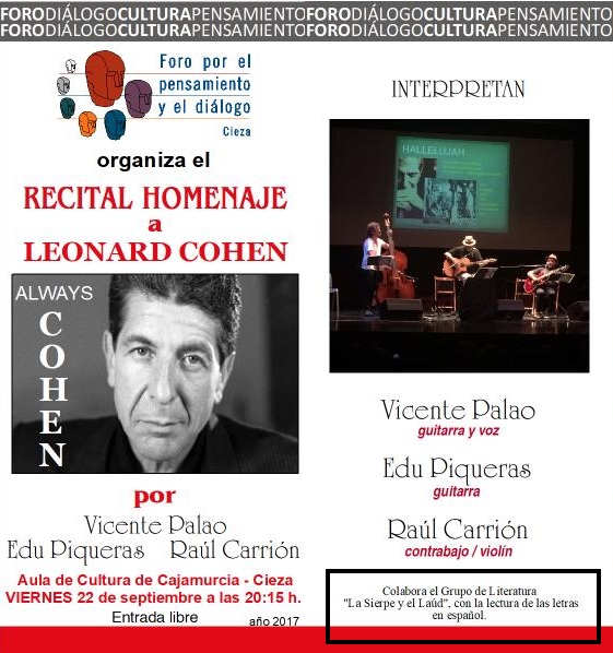 Cartel del Recital Homenaje a Leonard Cohen que el Foro por el Pensamiento y el Diálogo desarrollará en Cieza