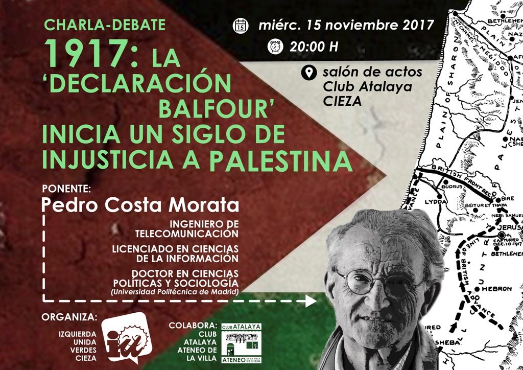 Cartel de la charla '1917: la Declaración Balfour inicia un siglo de injusticia a Palestina' en Cieza.
