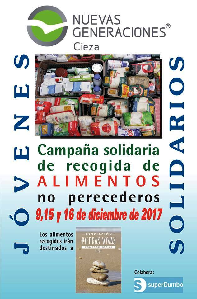 Imagen del Cartel recogida alimentos de Nuevas Generaciones Cieza a favor de Piedras Vivas.