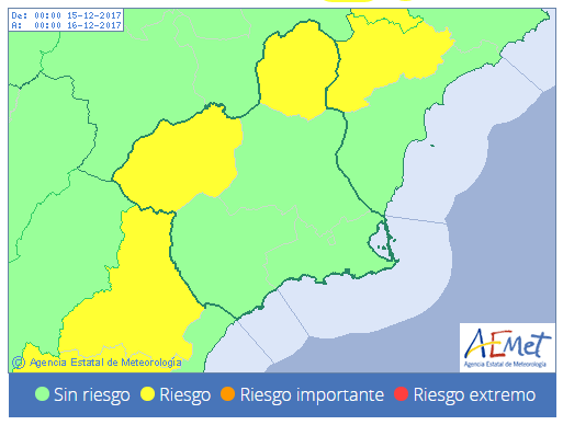 Imagen del Mapa para este viernes por aviso amarillo por vientos en Murcia.