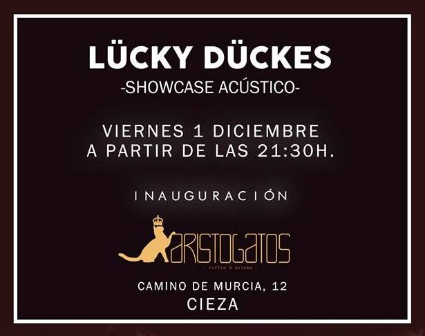 Cartel concierto en Aristogatos Coffee de Cieza con los Lucky Duckes.