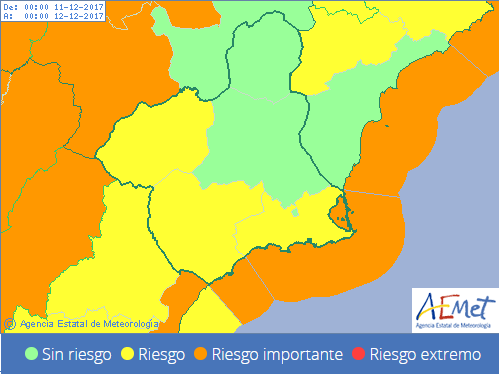 Mapa de avisos adversos en la Región de Murcia.