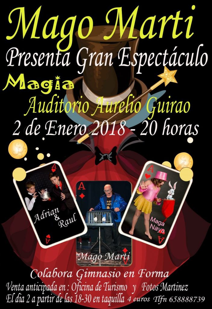 Cartel del Espectáculo de Magia de el Mago Marti en el Auditorio Aurelio Guirao de Cieza.