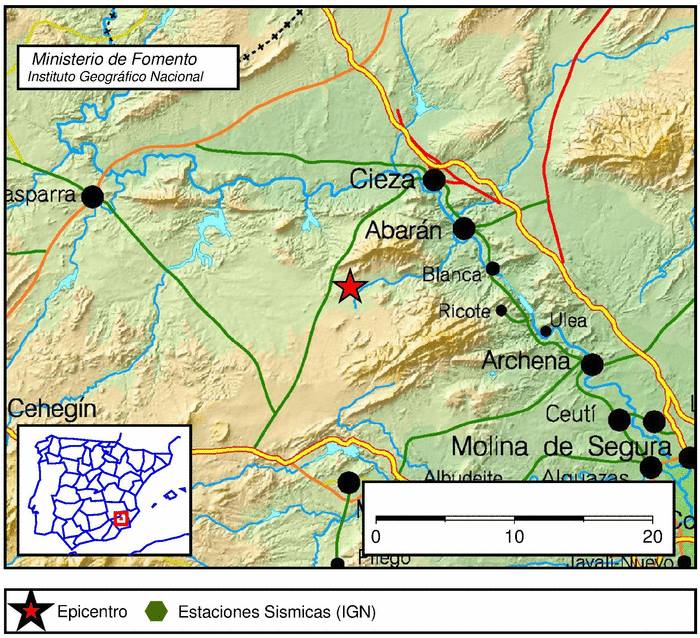 Mapa de situación del Registro de situación del epicentro del terremoto en Abarán.