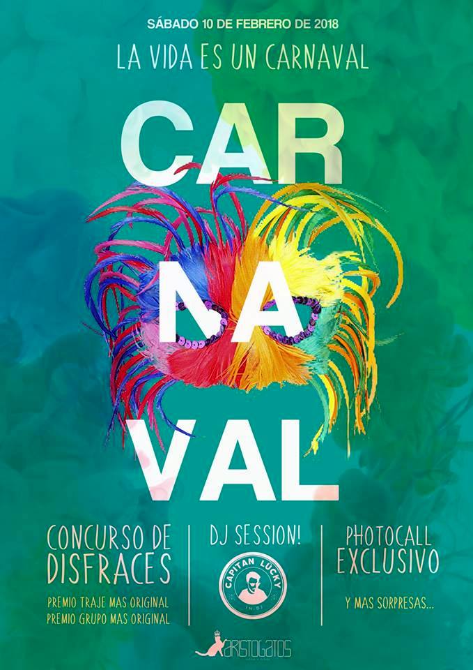 Imagen del Cartel de la fiesta de Carnaval en Aristogatos Coffee de Cieza.