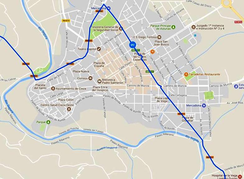 Mapa del recorrido de la Vuelta Ciclista a Murcia por las calles de Cieza.