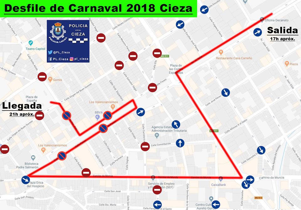 Mapa del Recorrido del desfile de comparsas y carnaval de Cieza.