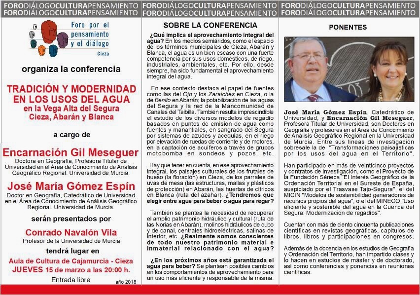 Cartel de la charla sobre el agua en la región de Murcia y sus usos.