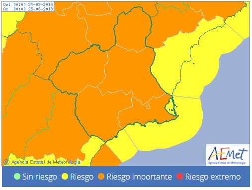 Mapa con las alertas de viento en la Región de Murcia y Cieza.