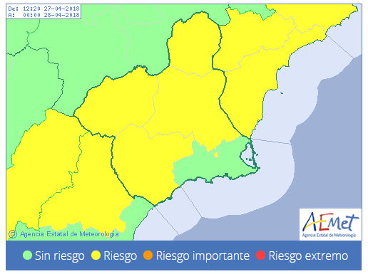 Mapa con el aviso de la Alerta amarilla por vientos en Cieza, Valle de Ricote y Murcia.