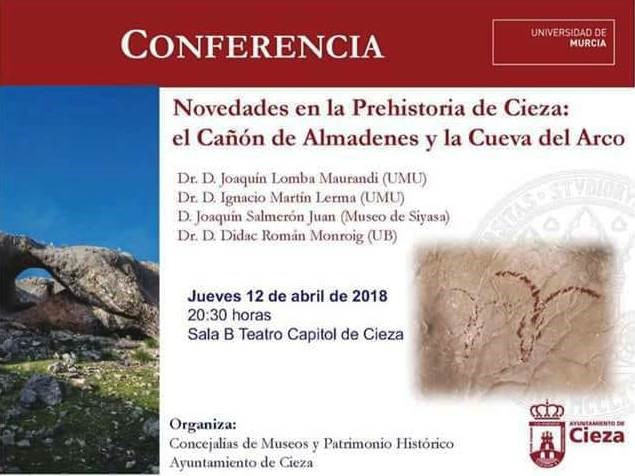 Cartel sobre la Conferencia Cañón de Almadenes y Cueva del Arco en Cieza.