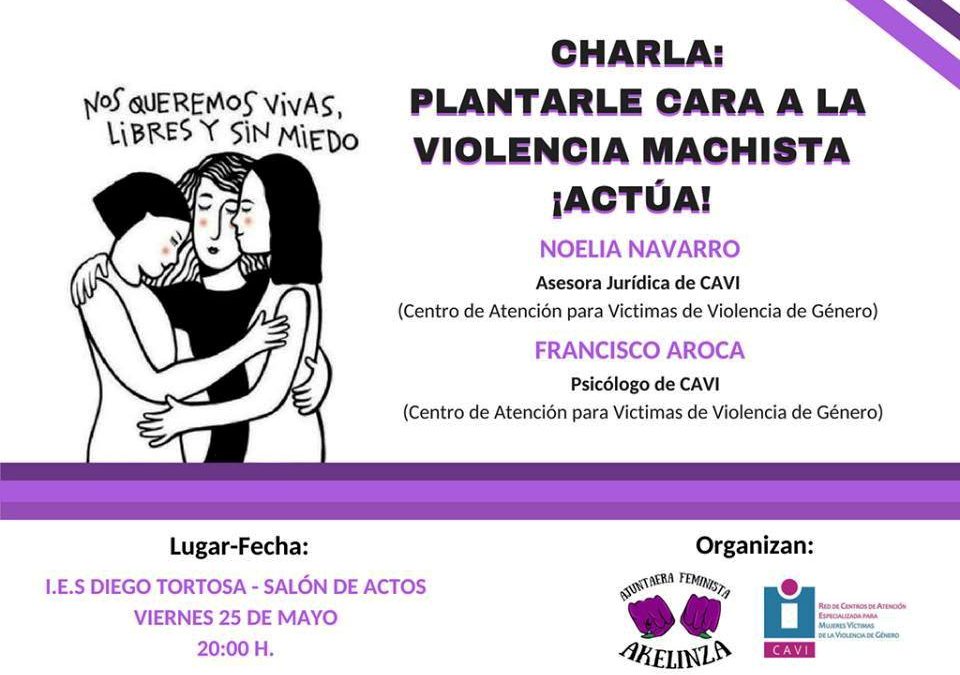 Cartel con la información de la Charla prevención Violencia de Genero Colectivo de Mujeres Ajuntaera Feminista AKELINZA.