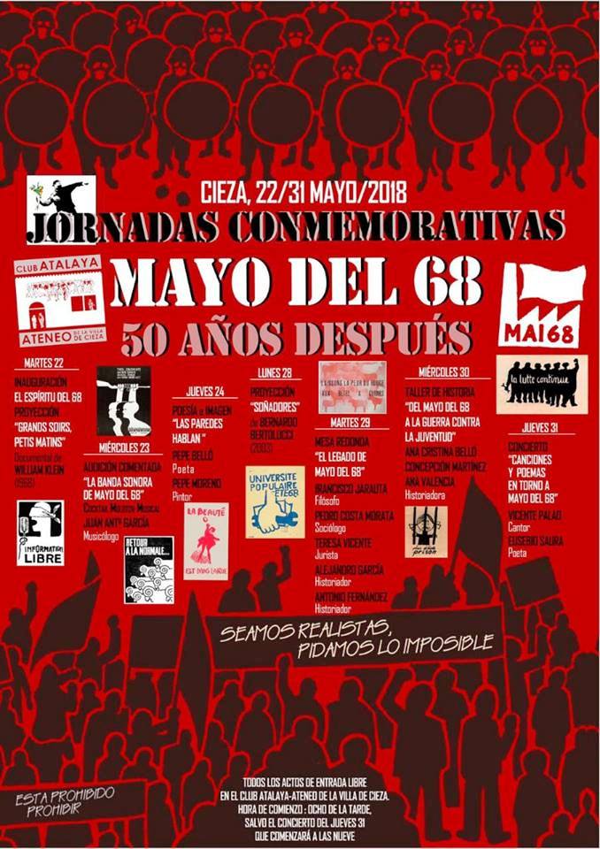 Montaje del cartel de las Jornadas Conmemorativas MAYO 68. Organiza Club Atalaya en Cieza.