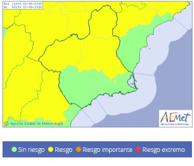 Mapa de alerta por lluvia y tormentas en Cieza y Murcia.