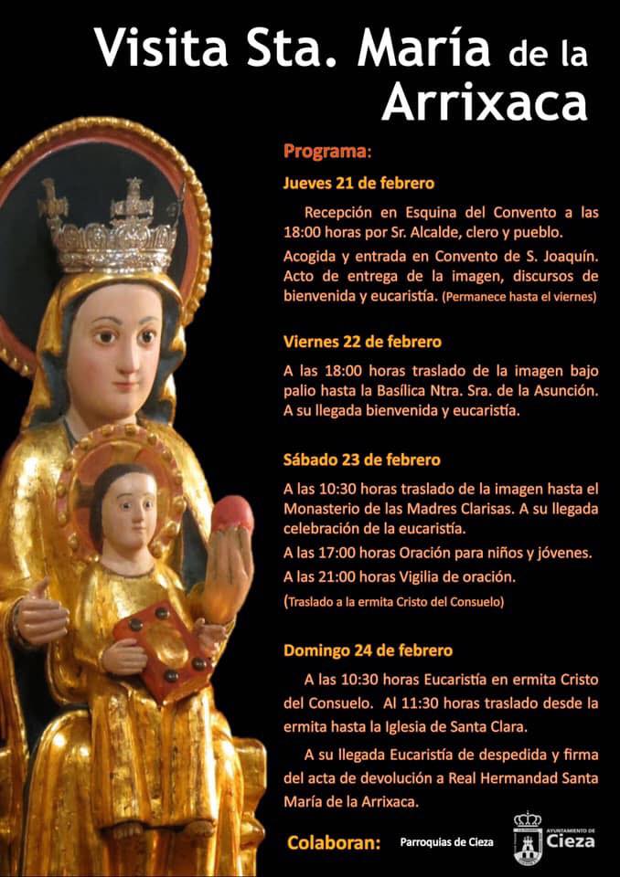 Programa de actos por la llegada de la Virgen de la Arrixaca a Cieza.