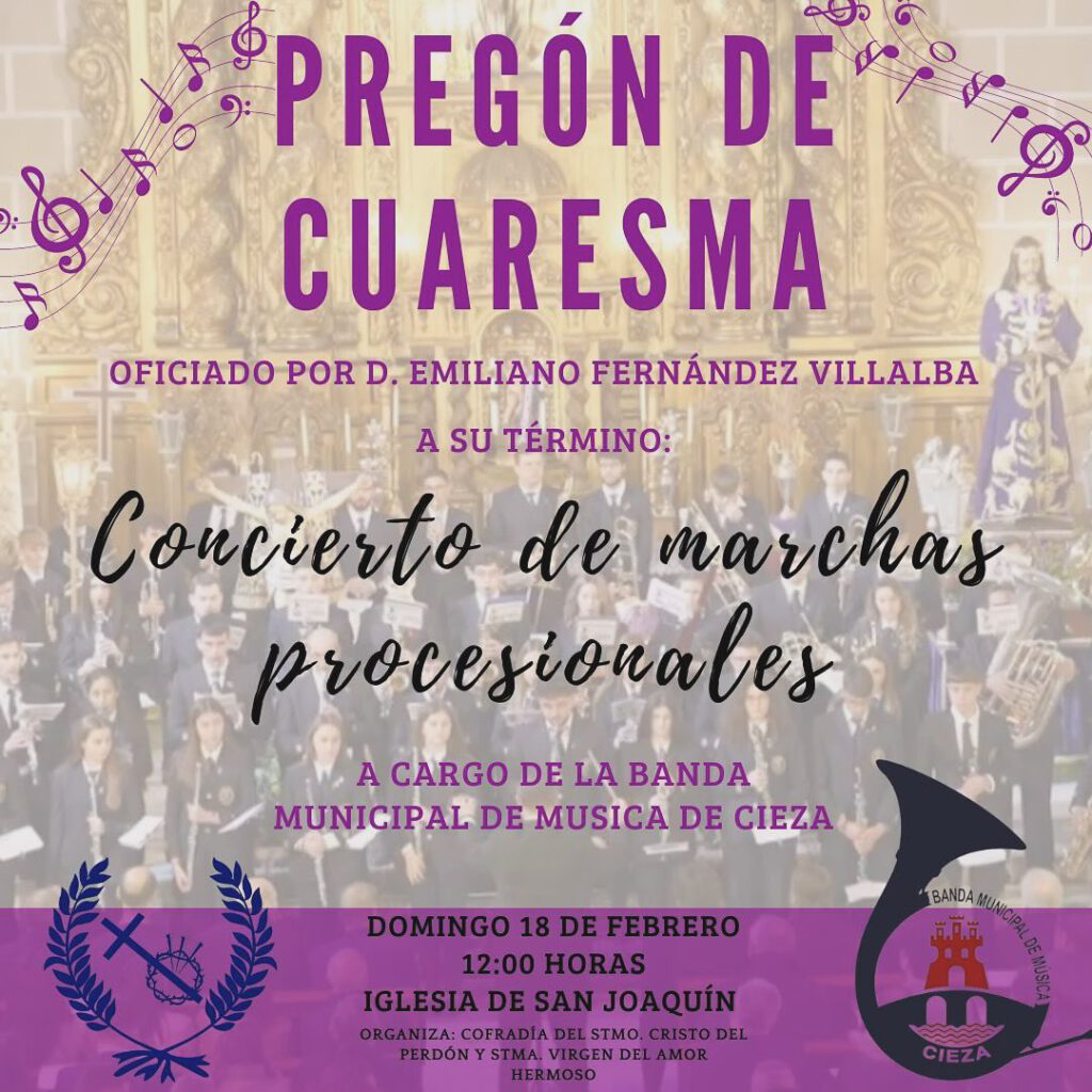 Cartel con la información del pregón y concierto de Cuaresma en Cieza.